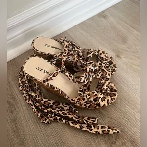 Leopard Pattern Sandals with Leg Tie Up Detail (Satin print ties)